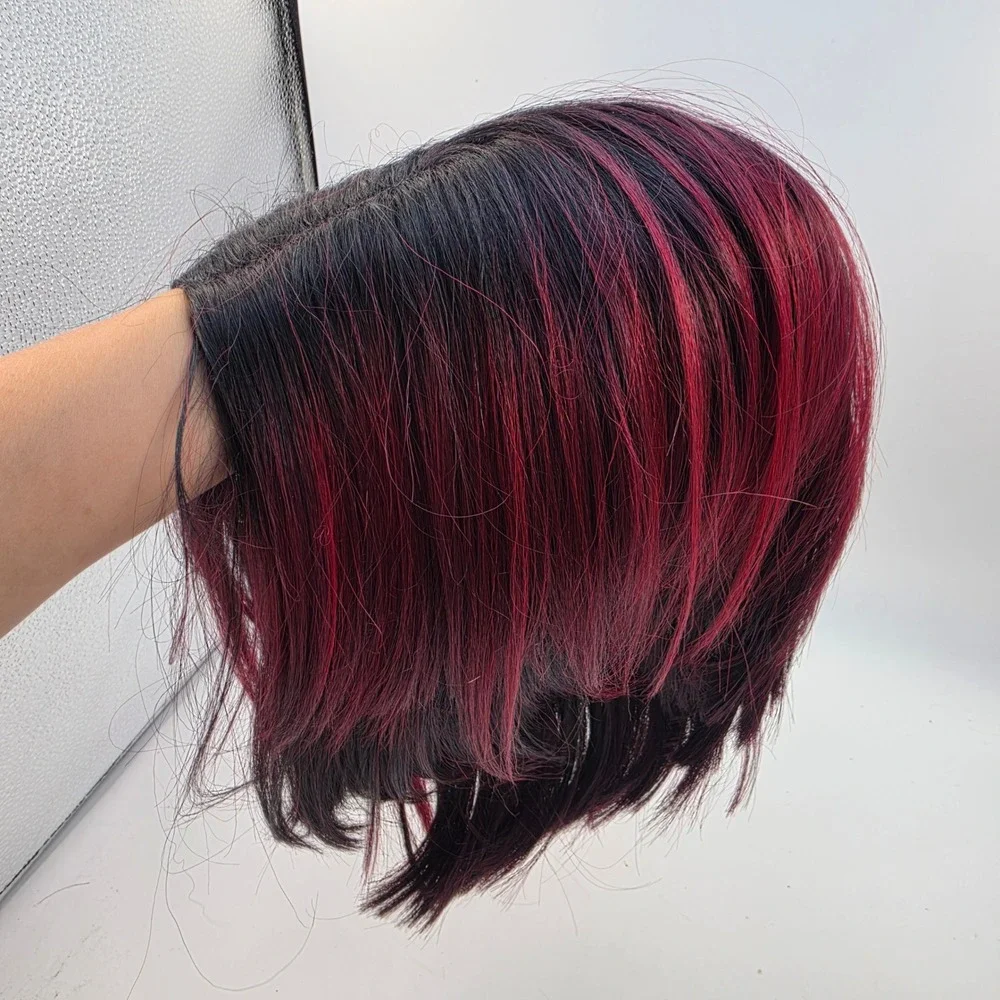 Short Burgundy Red Ombre Bob Wig Lace Front Black Roots Straight Synthetic Hair